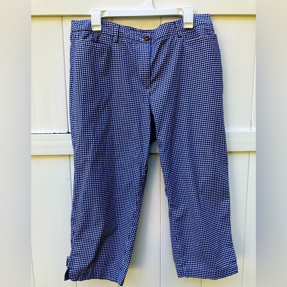 Talbots blue plaid size 14 capri perfect skimmers with button at ankle.